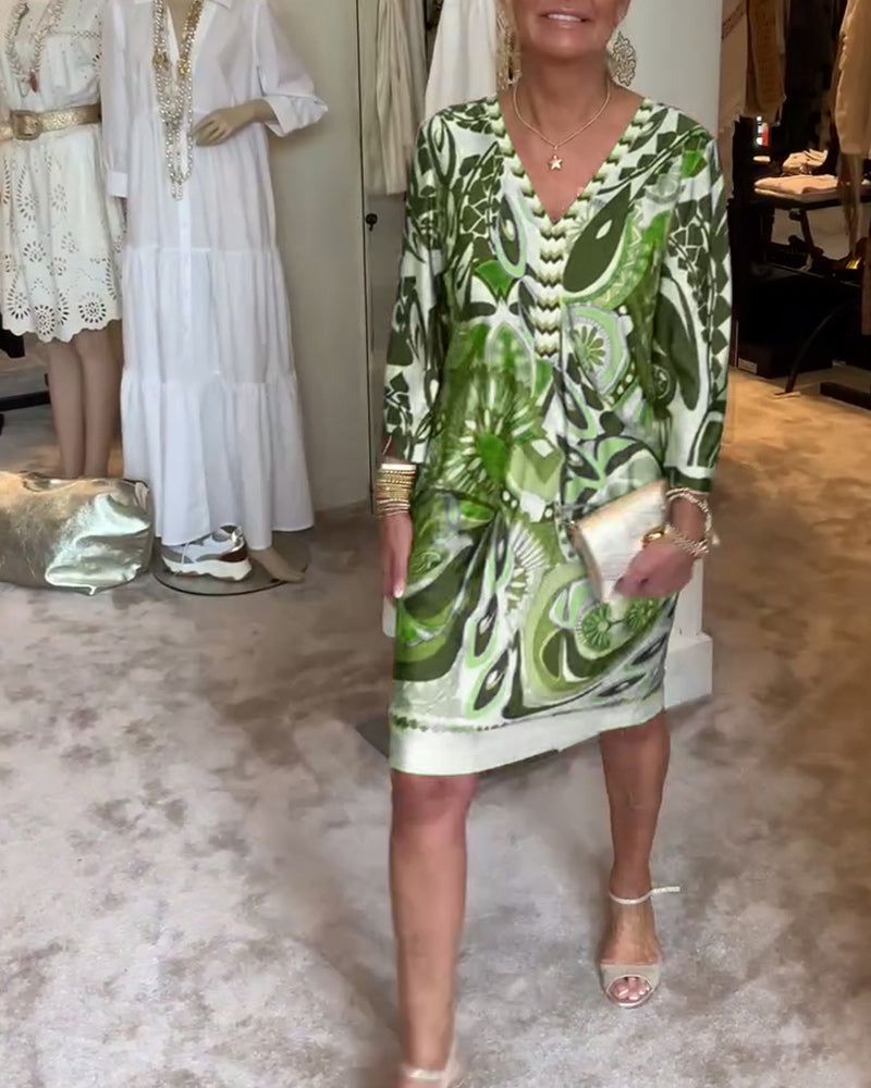 Rochie casual cu decolteu în V și imprimeu vintage