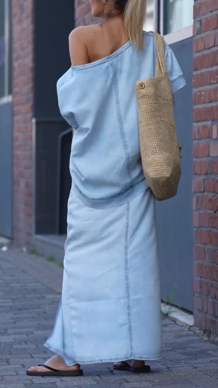 Damski garnitur casualowy z okrągłym dekoltem i denimu Tencel