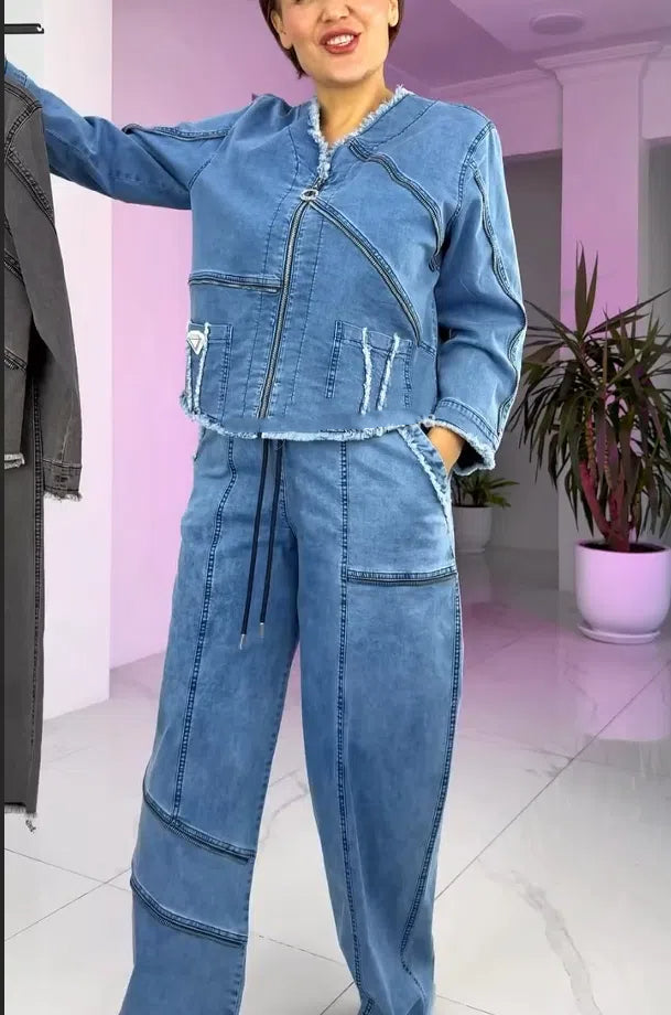 Costum de damă vintage din denim cu fermoar