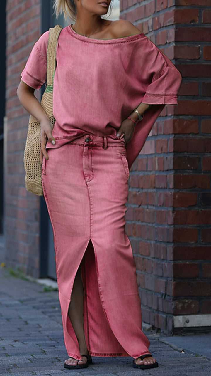 Damski garnitur casualowy z okrągłym dekoltem i denimu Tencel