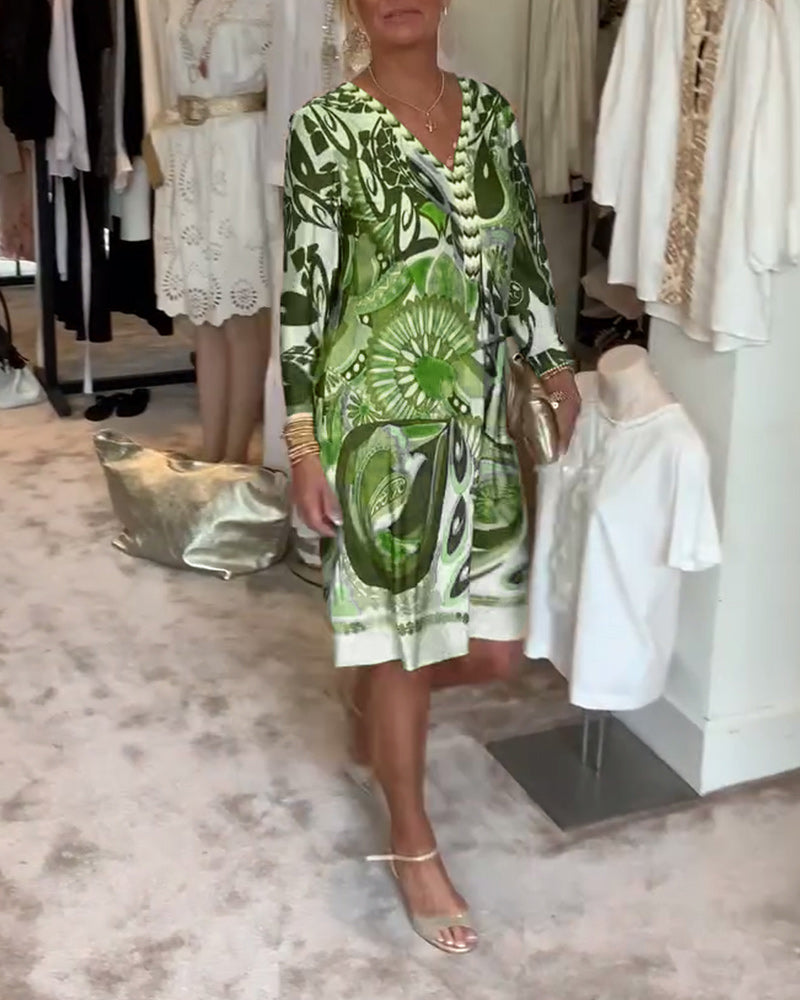 Rochie casual cu decolteu în V și imprimeu vintage