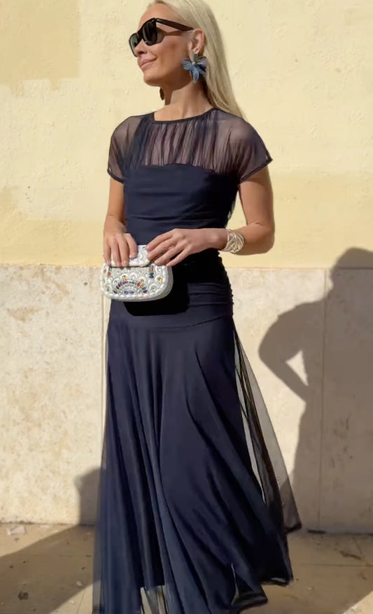 Damska sukienka szyfonowa na co dzień z okrągłym dekoltem i przeszyciami