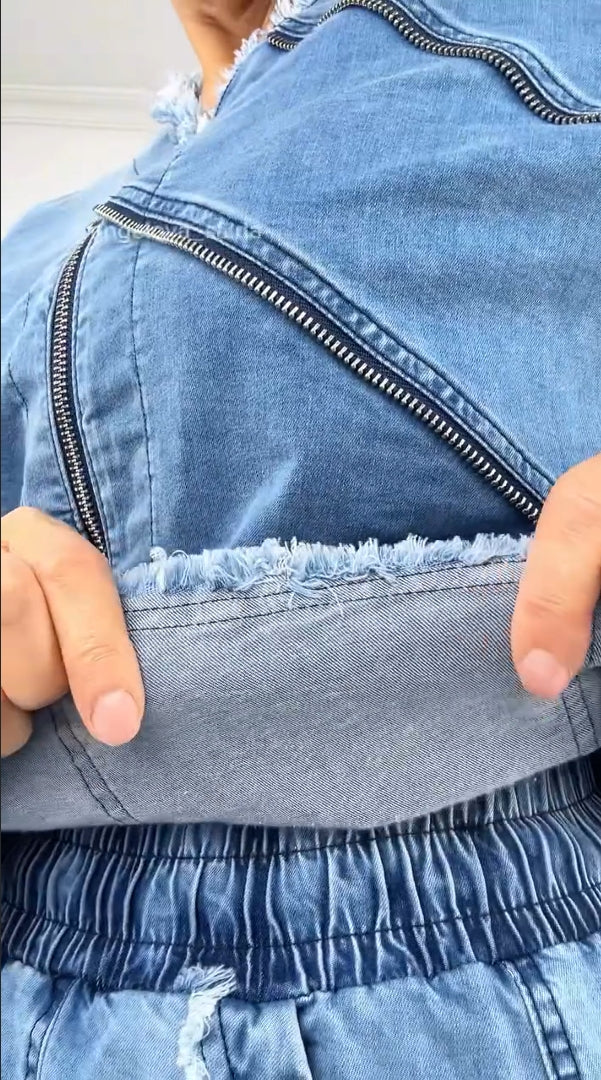 Costum de damă vintage din denim cu fermoar