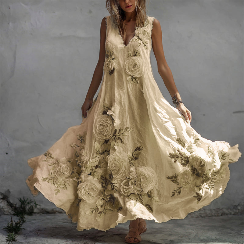 Sukienka maxi z lnu w stylu vintage z wzorem białej róży