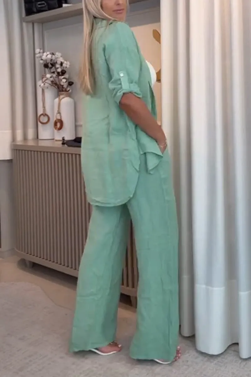 Damski swobodny garnitur jednorzędowy z bawełny i lnu z klapami, dwuczęściowy