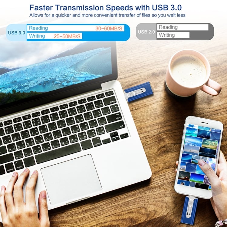 Unitate USB 4 în 1 pentru telefon mobil, 32~256 GB, Micro USB + 8 pini + USB 3.0, pentru computer