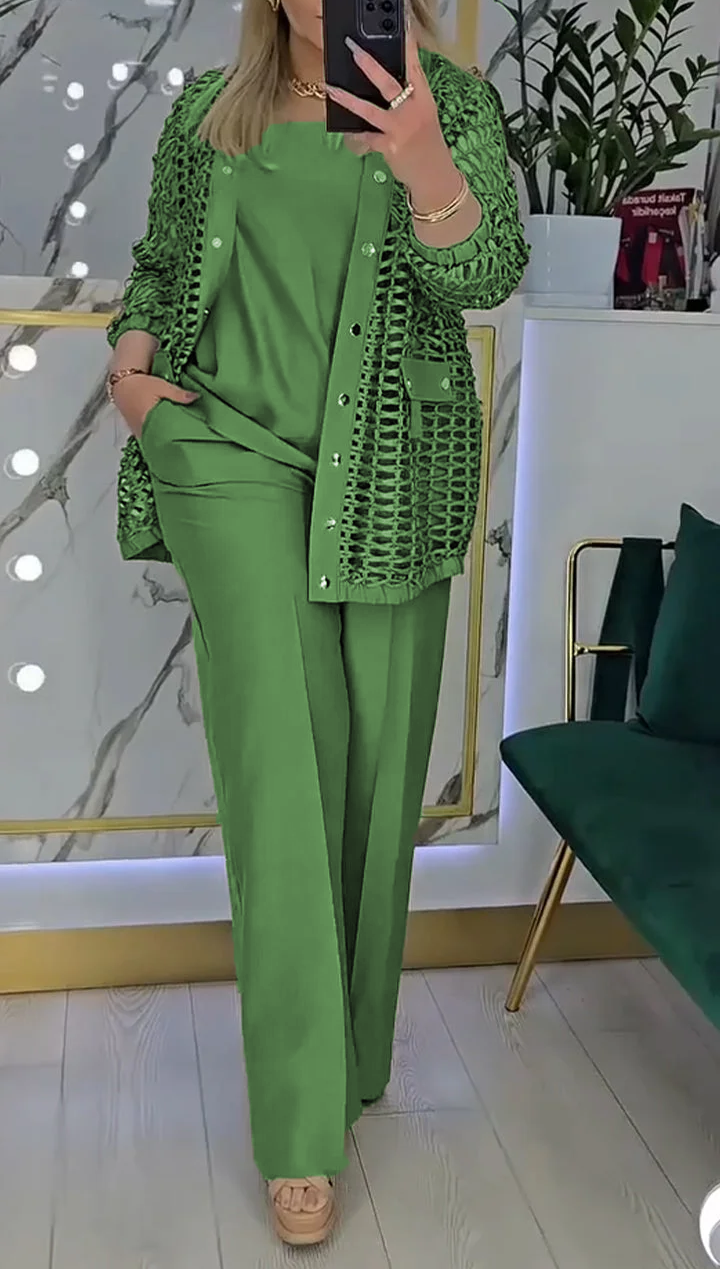 Trzyczęściowy damski kombinezon do dojazdów do pracy z wycięciem