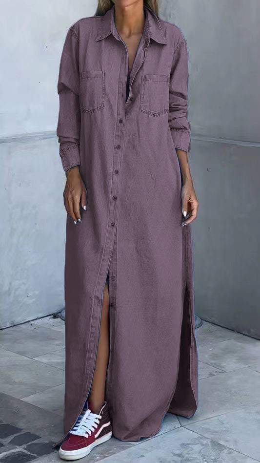 Rochie din denim cu maneci lungi si revere