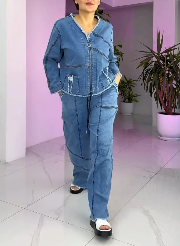 Costum de damă vintage din denim cu fermoar