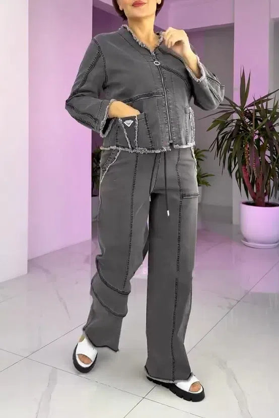 Costum de damă vintage din denim cu fermoar