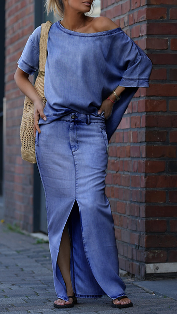 Damski garnitur casualowy z okrągłym dekoltem i denimu Tencel