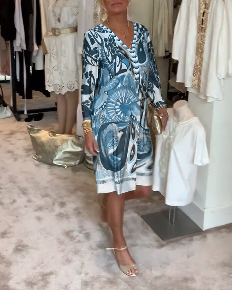 Rochie casual cu decolteu în V și imprimeu vintage