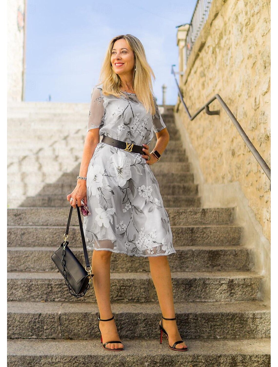 Rochie midi din plasă cu decolteu rotund cu imprimeu floral