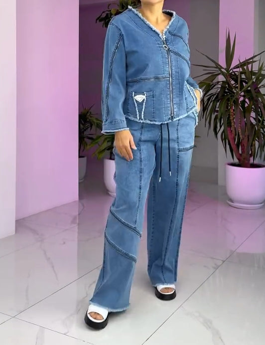 Costum de damă vintage din denim cu fermoar