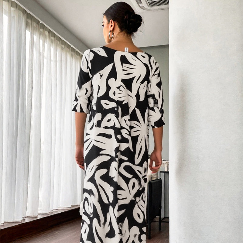 🌼Elegancka, luźna, z okrągłym dekoltem, wzorzysta sukienka damska