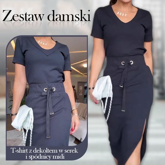💥Komplet damski składający się z koszulki z dekoltem w serek i spódnicy midi👗