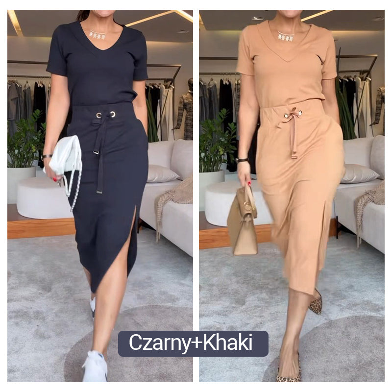 💥Komplet damski składający się z koszulki z dekoltem w serek i spódnicy midi👗