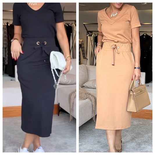 💥Set tricou și fustă midi de damă cu decolteu în V👗