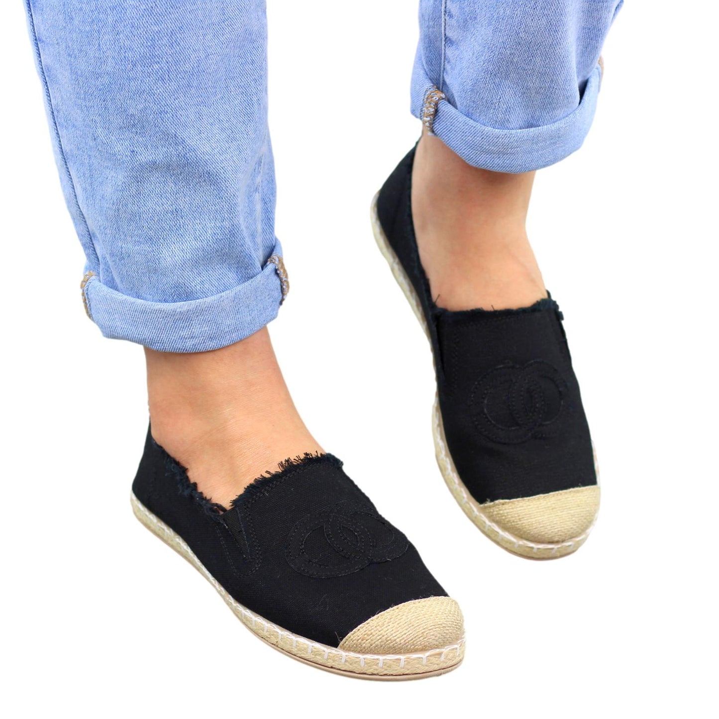 Modne czarne materiałowe espadryle damskie logowanie