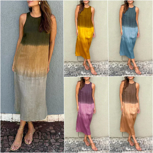 🌸Rochie cu mânecă lungă din bumbac și in, cu croială Tie-dye