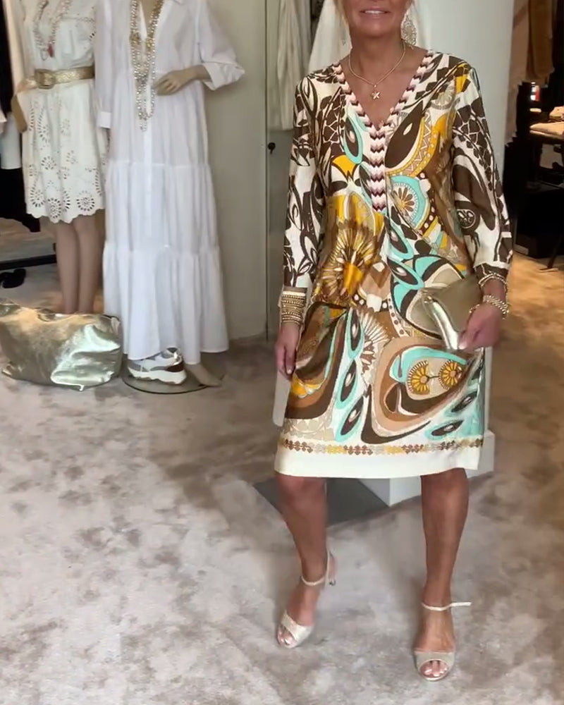 Rochie casual cu decolteu în V și imprimeu vintage