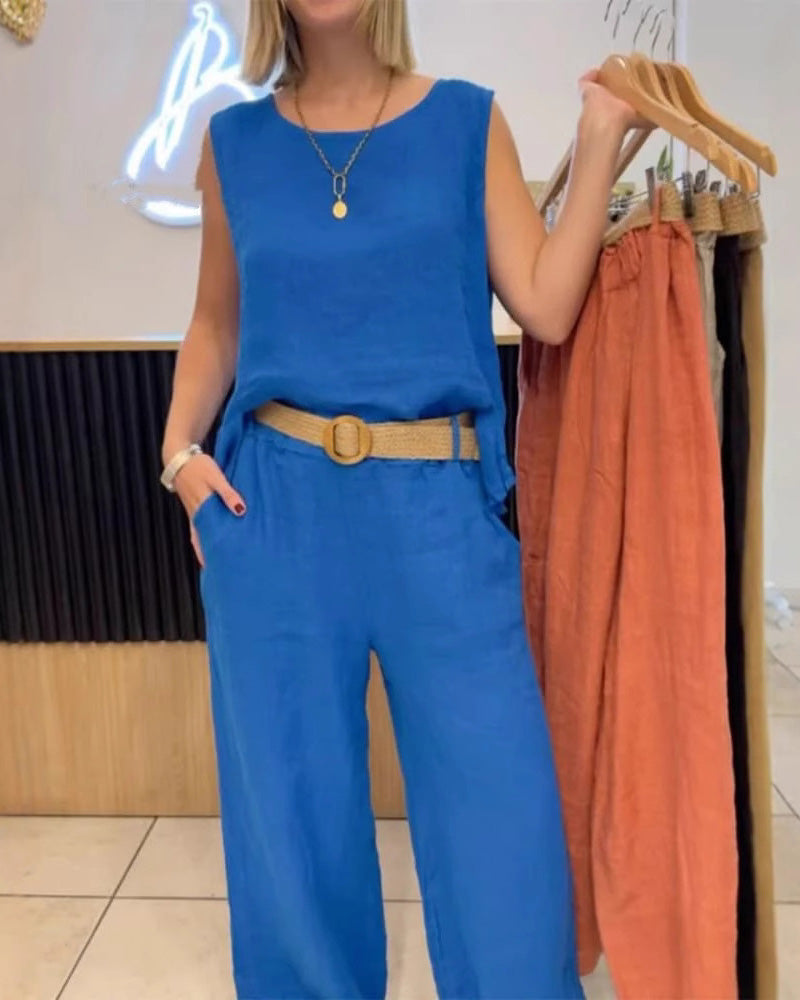 Komplet spodni bez rękawów z bawełny i lnu w jednolitym kolorze