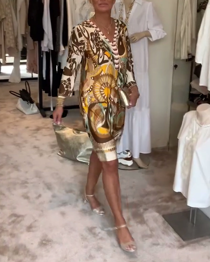 Rochie casual cu decolteu în V și imprimeu vintage