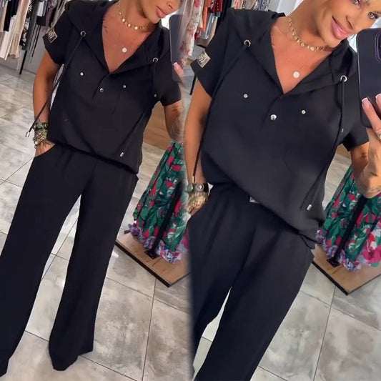 Bluzka z kapturem i dekoltem w serek, krótki rękaw, spodnie, dwuczęściowy zestaw