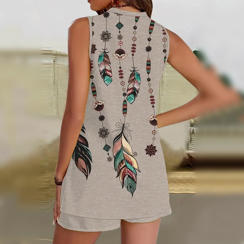 【L-4XL】🌸Set fără mâneci din două piese, cu imprimeu și decolteu în V