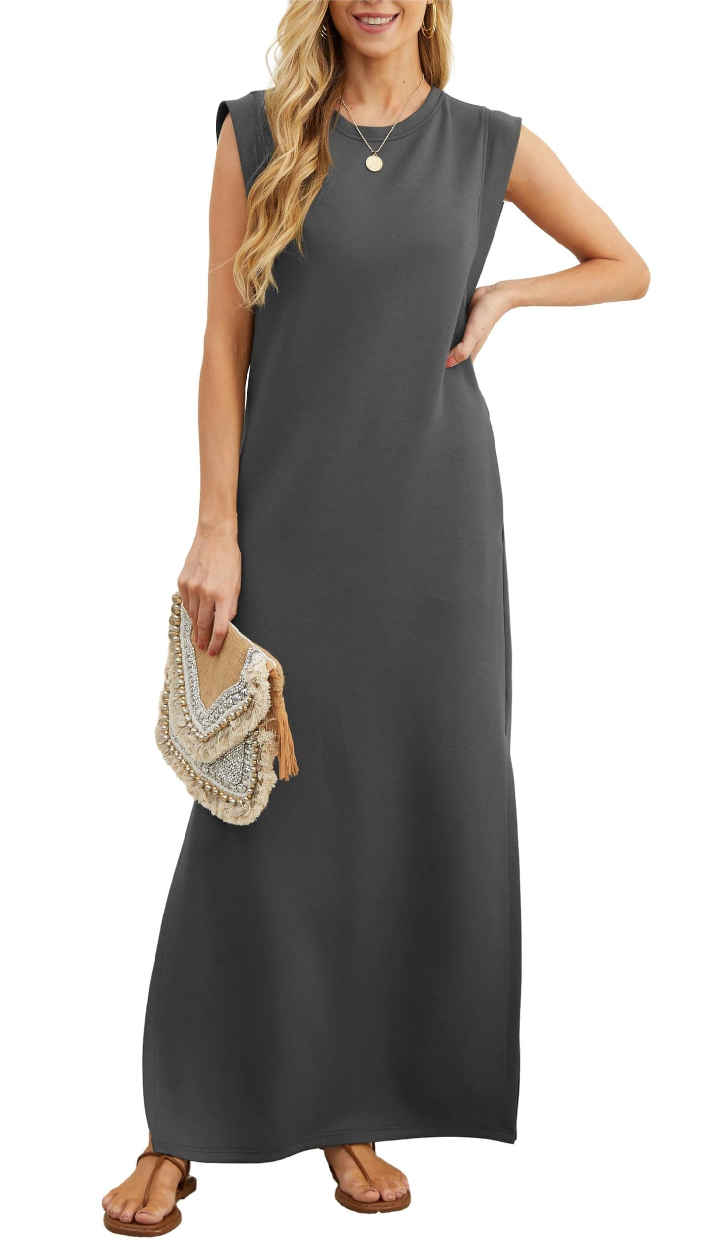 Rochie maxi lejeră pentru femei, cu crăpătură și fără cute