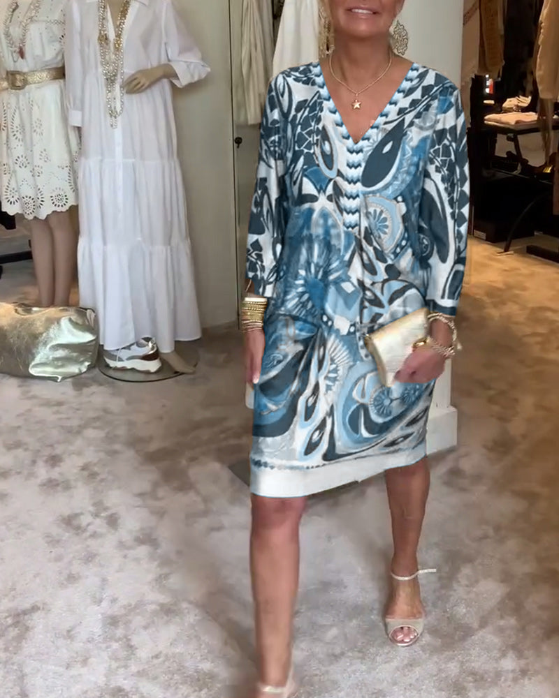 Rochie casual cu decolteu în V și imprimeu vintage