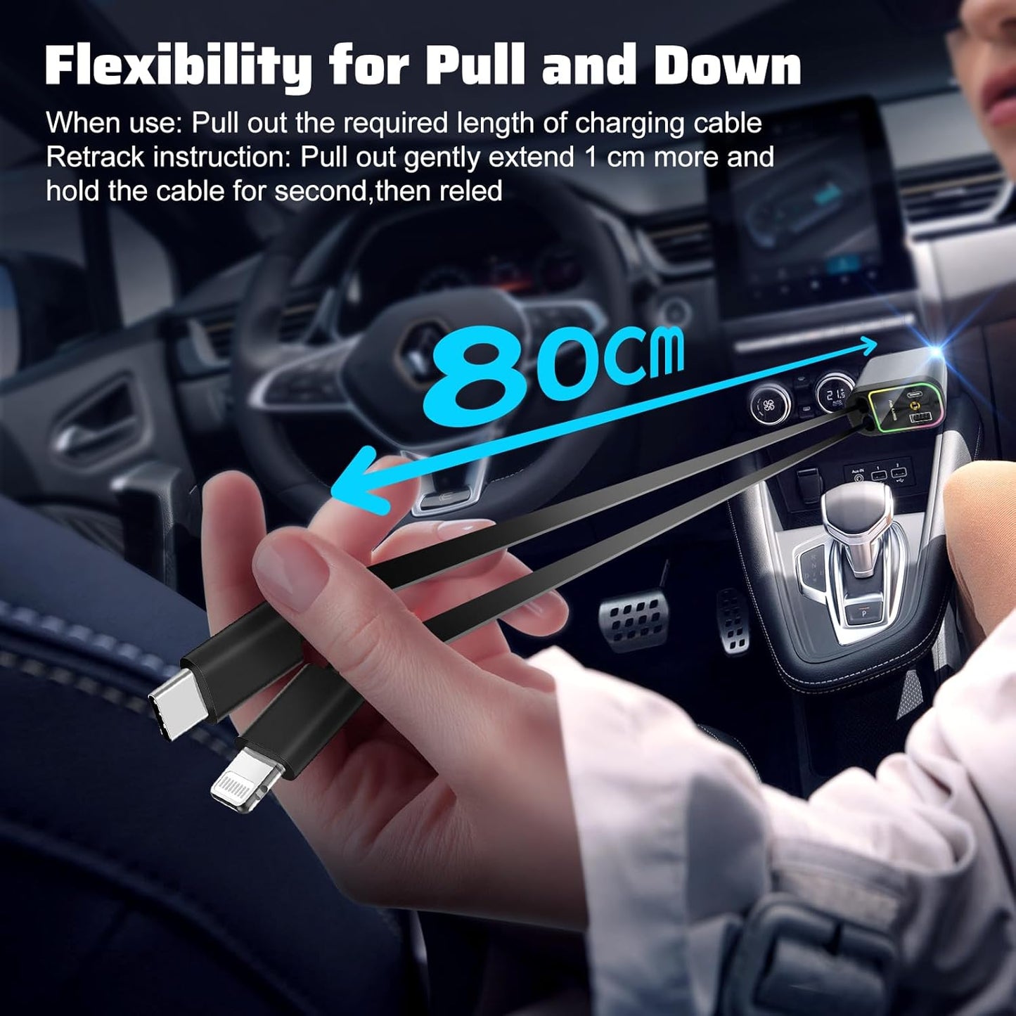 2025 New Model with Starlight Retractable 4-in-1 Car Fast Mobile Phone Charger