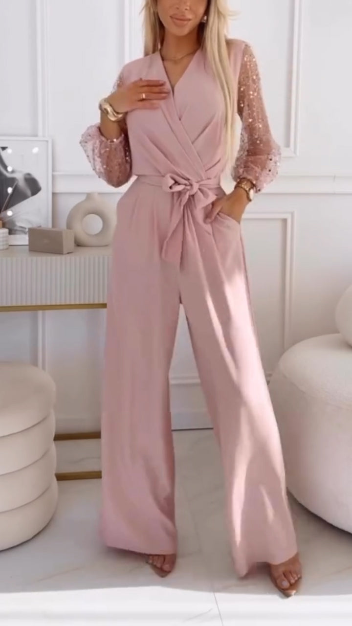 👑Damski garnitur casualowy z bufiastymi rękawami i dekoltem w serek, zdobiony cekinami