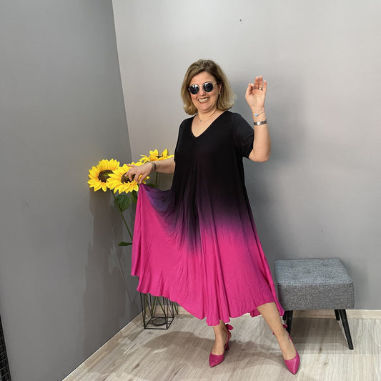 Rochie italiană casual cu mânecă lungă, cu vopsea în gradient