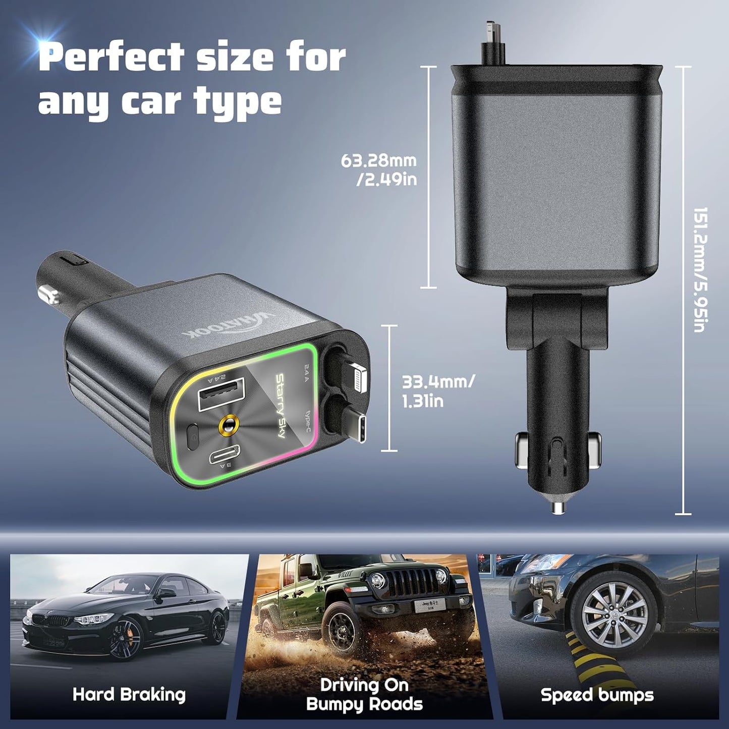 2025 New Model with Starlight Retractable 4-in-1 Car Fast Mobile Phone Charger