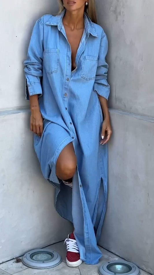 Rochie din denim cu maneci lungi si revere