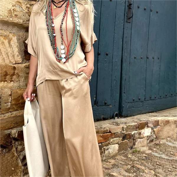 💝Top z krótkim rękawem i szerokimi nogawkami, komplet 2-częściowy✨