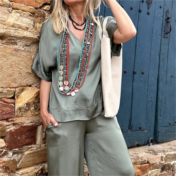 💝Top z krótkim rękawem i szerokimi nogawkami, komplet 2-częściowy✨