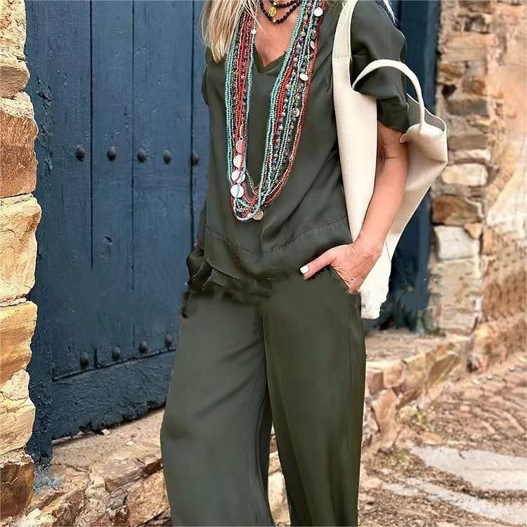 💝Top z krótkim rękawem i szerokimi nogawkami, komplet 2-częściowy✨