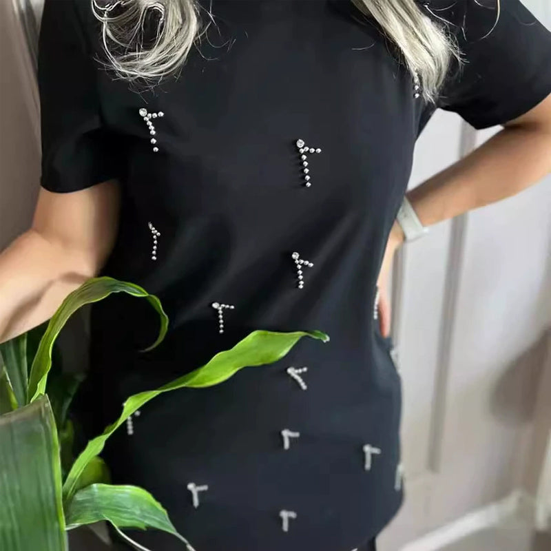 2025 Damska sukienka z krótkim rękawem ozdobiona kryształkami górskimi