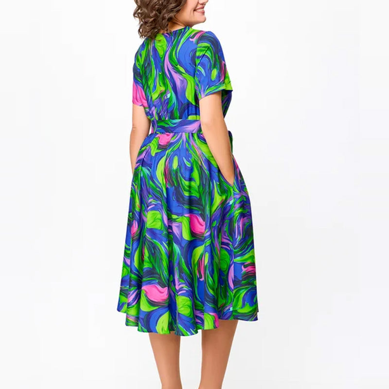 🌈Rochie midi cu mânecă scurtă și imprimeu pentru femei