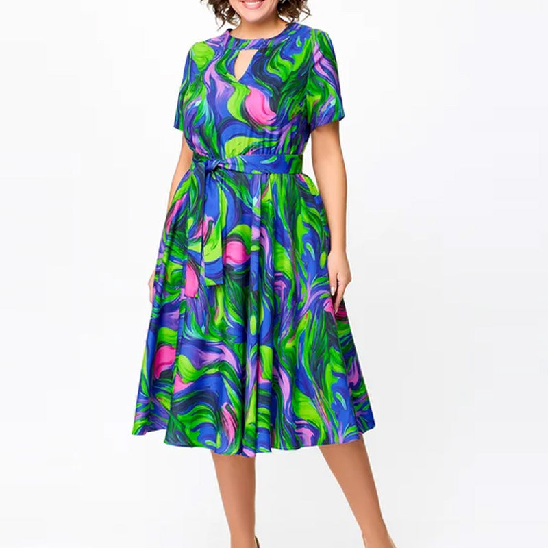 🌈Rochie midi cu mânecă scurtă și imprimeu pentru femei