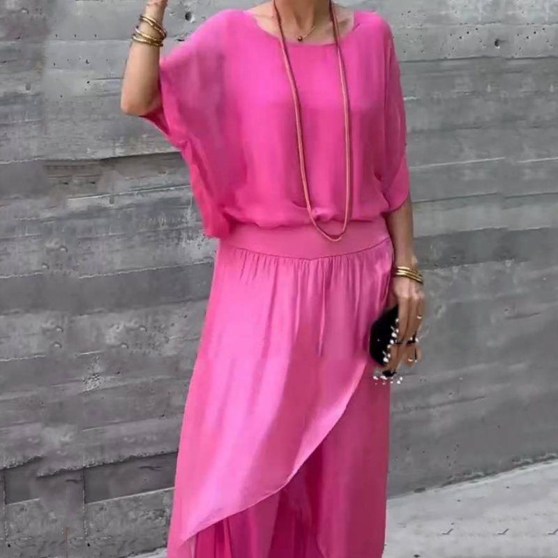 Luźny top i szerokie spodnie z szyfonu, komplet 2-częściowy