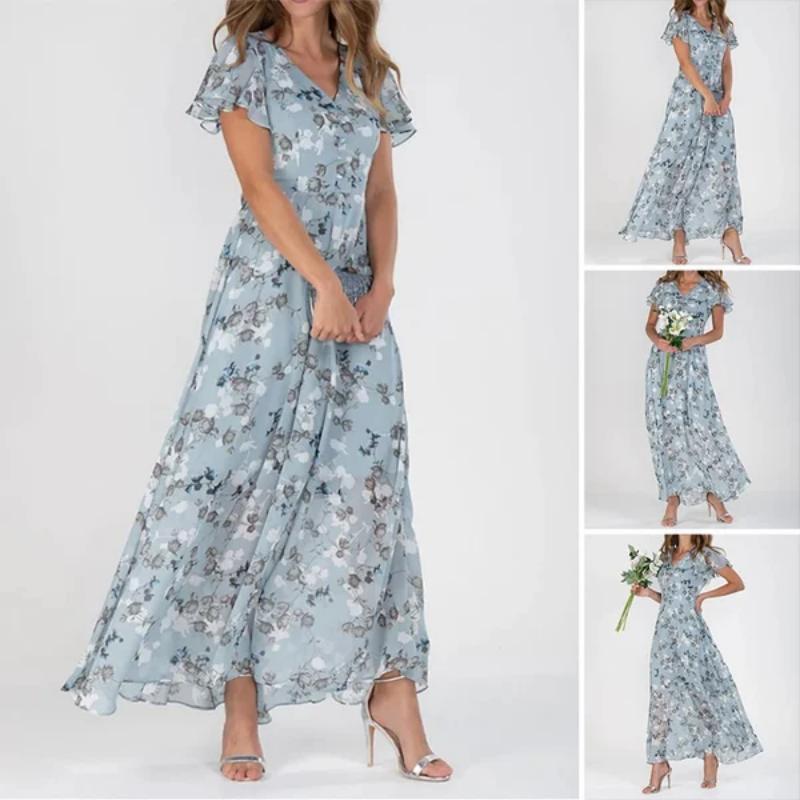 🌸 Rochie maxi florală ușoară, cu mâneci scurte【M-3XL】