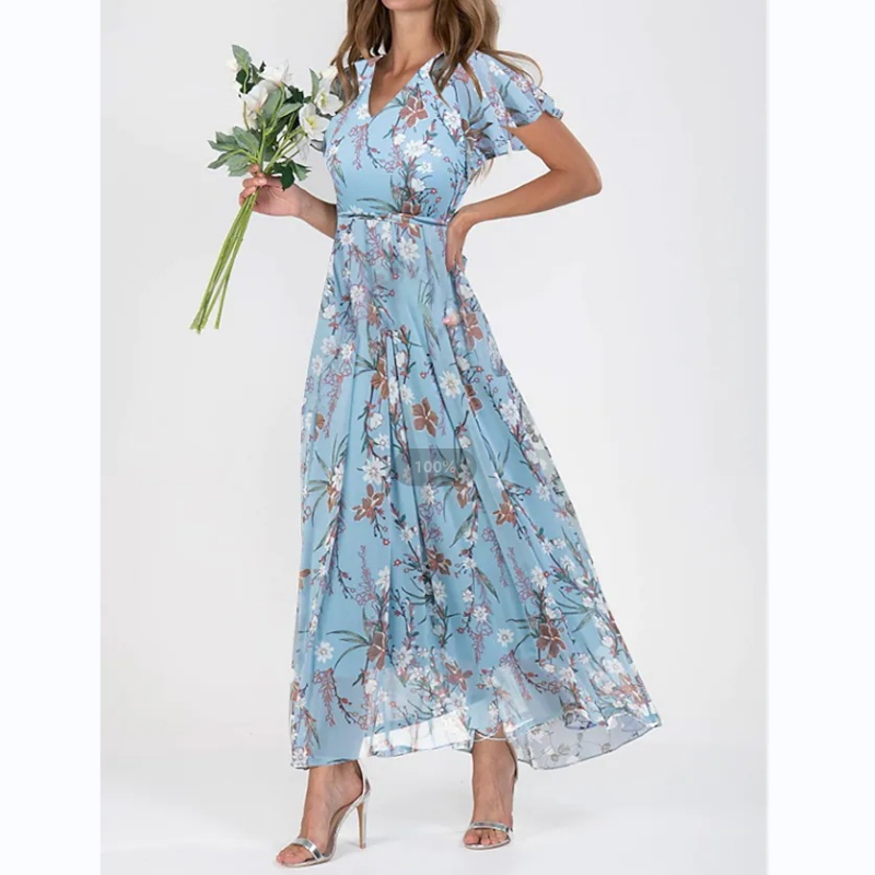 🌸 Rochie maxi florală ușoară, cu mâneci scurte【M-3XL】