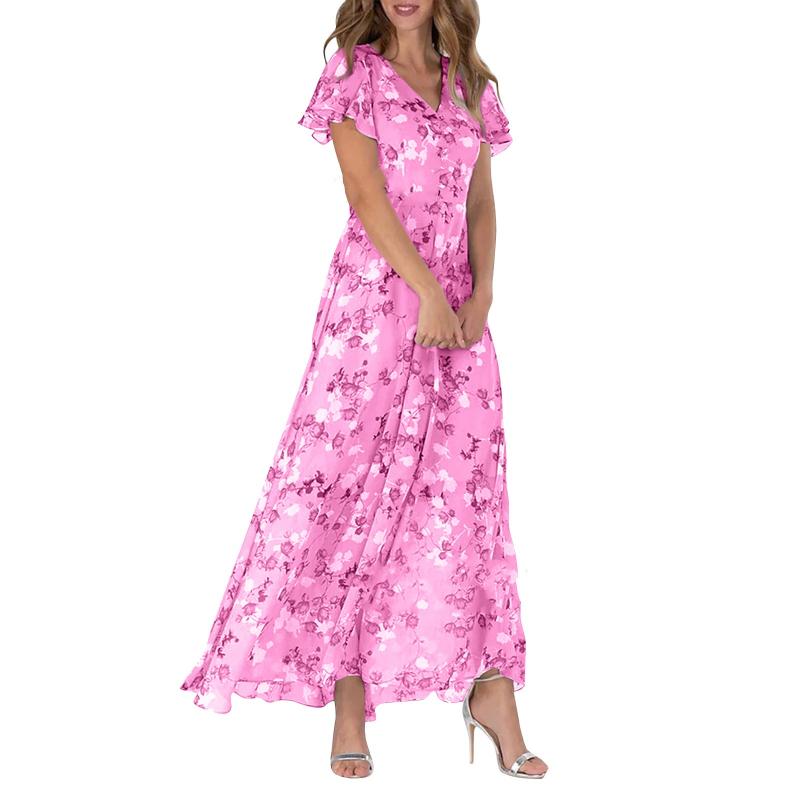 🌸 Rochie maxi florală ușoară, cu mâneci scurte【M-3XL】