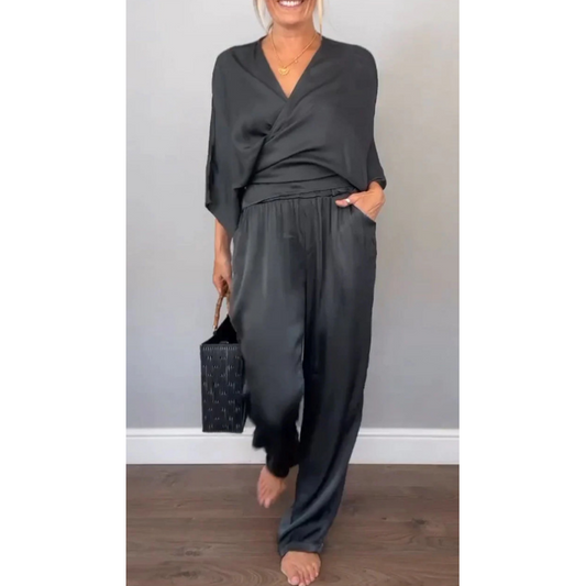 💞💞 Set de două piese pentru femei, inclusiv top cu decolteu în V și pantaloni