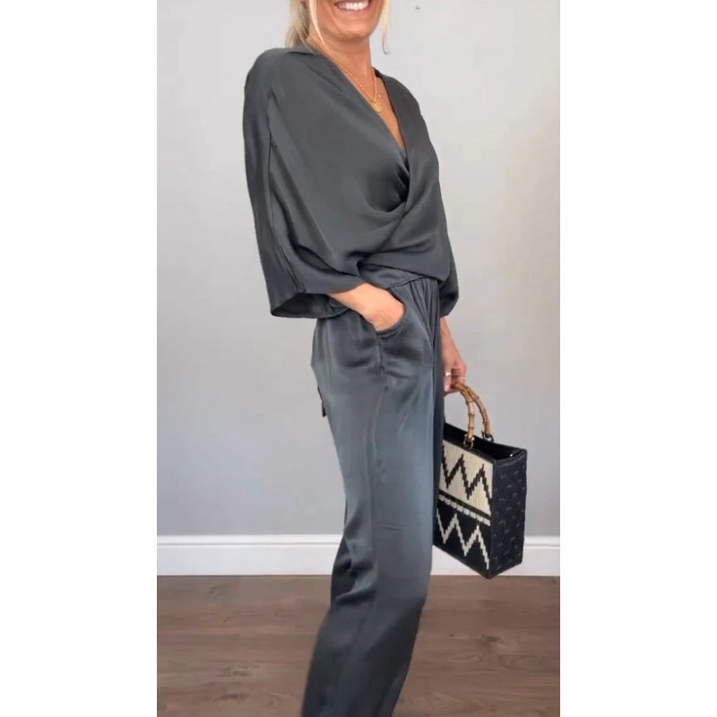 💞💞 Set de două piese pentru femei, inclusiv top cu decolteu în V și pantaloni