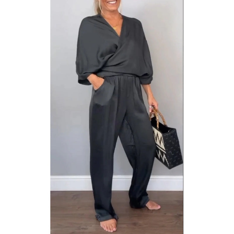 💞💞 Set de două piese pentru femei, inclusiv top cu decolteu în V și pantaloni