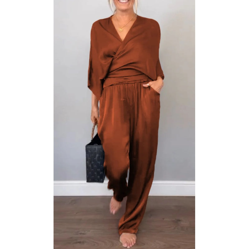 💞💞 Set de două piese pentru femei, inclusiv top cu decolteu în V și pantaloni